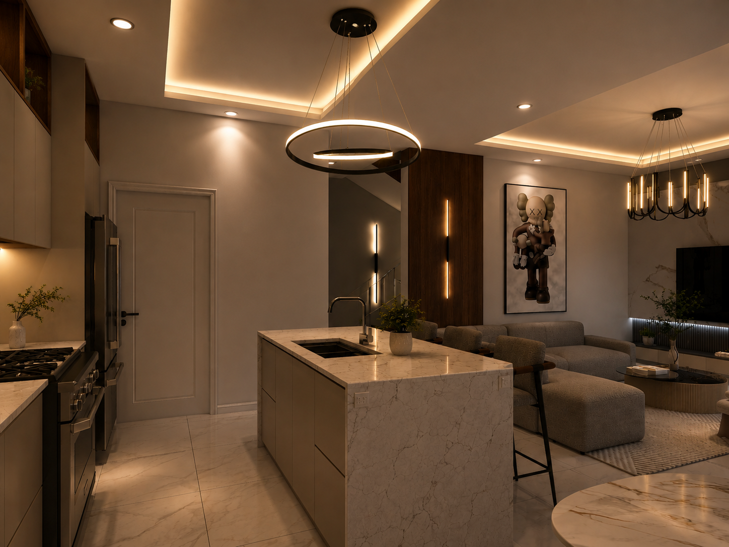 The Meridian condo living room, kitchen and breakfast bar, night